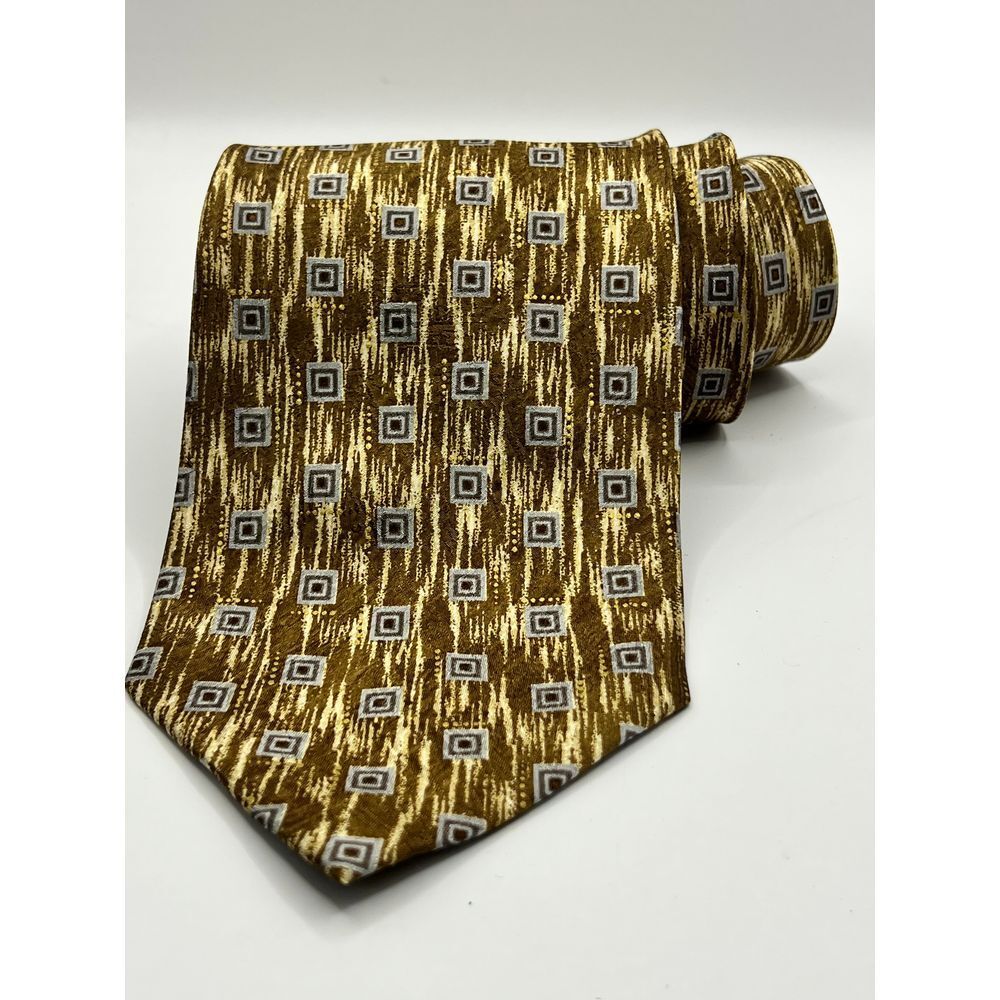 Vantt Designer Gold Silk‎ Geometric Square Pattern Luxury Necktie Men's Tie VTG
